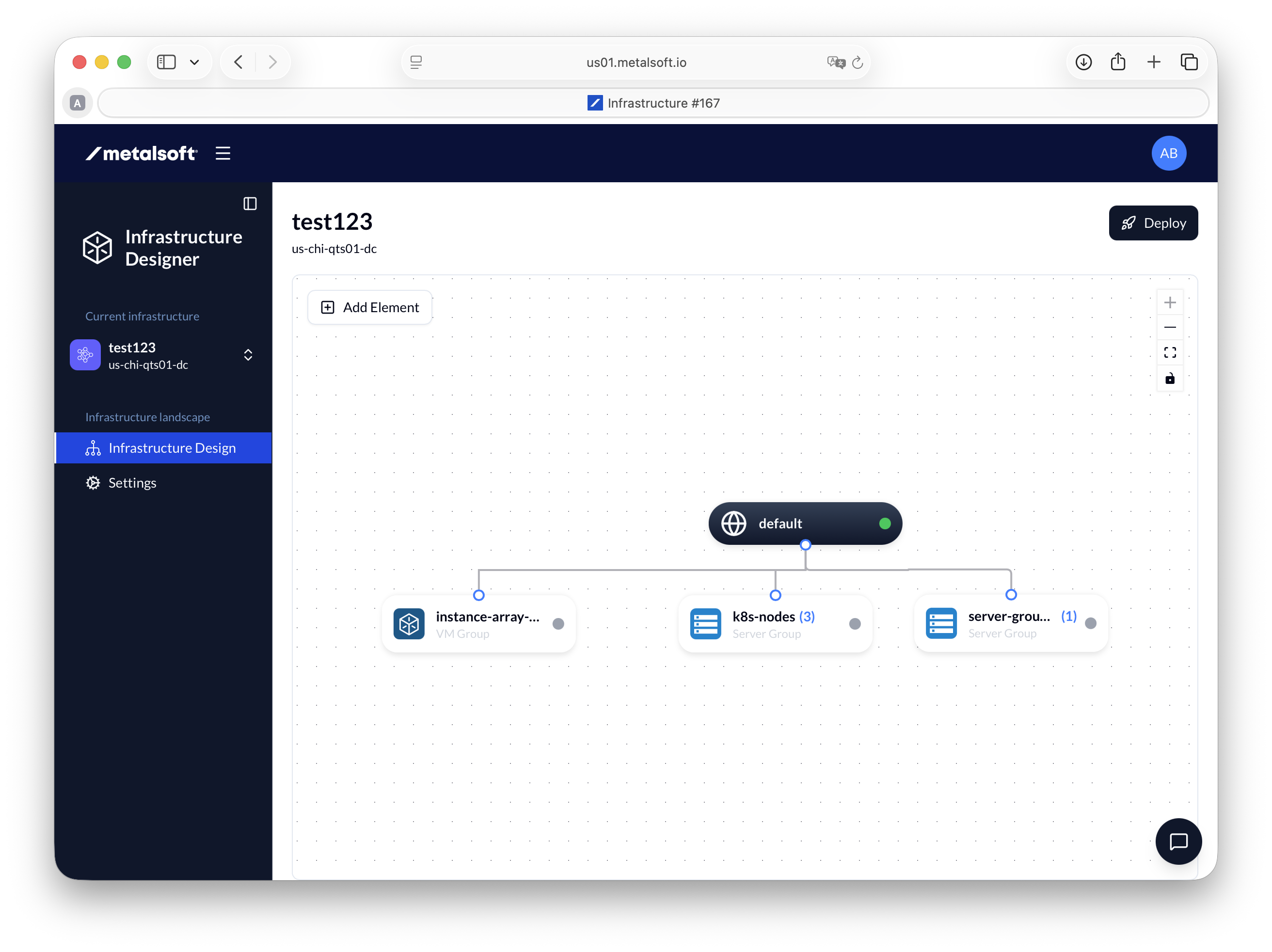 MetalSoft Infrastructure Designer showing the test123 infrastructure with a VM group and server groups connected to the default network