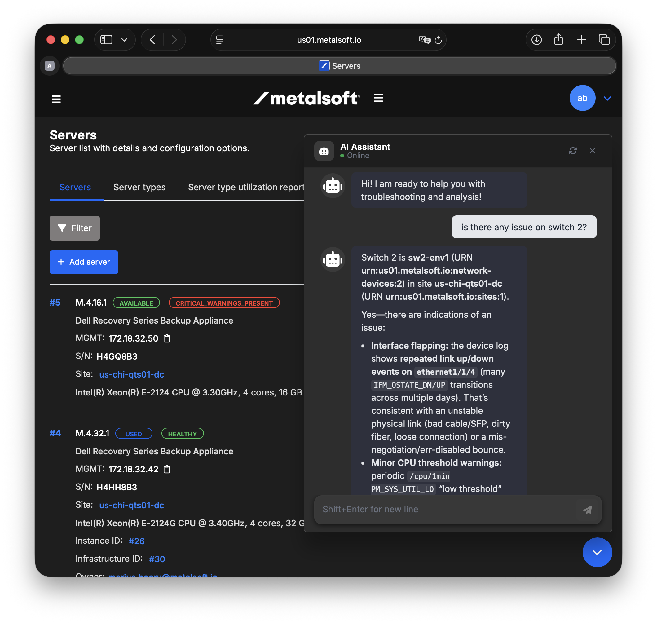 MetalSoft Servers page with the AI Assistant chat panel open, answering a question about whether switch 2 (sw2-env1) has any issues